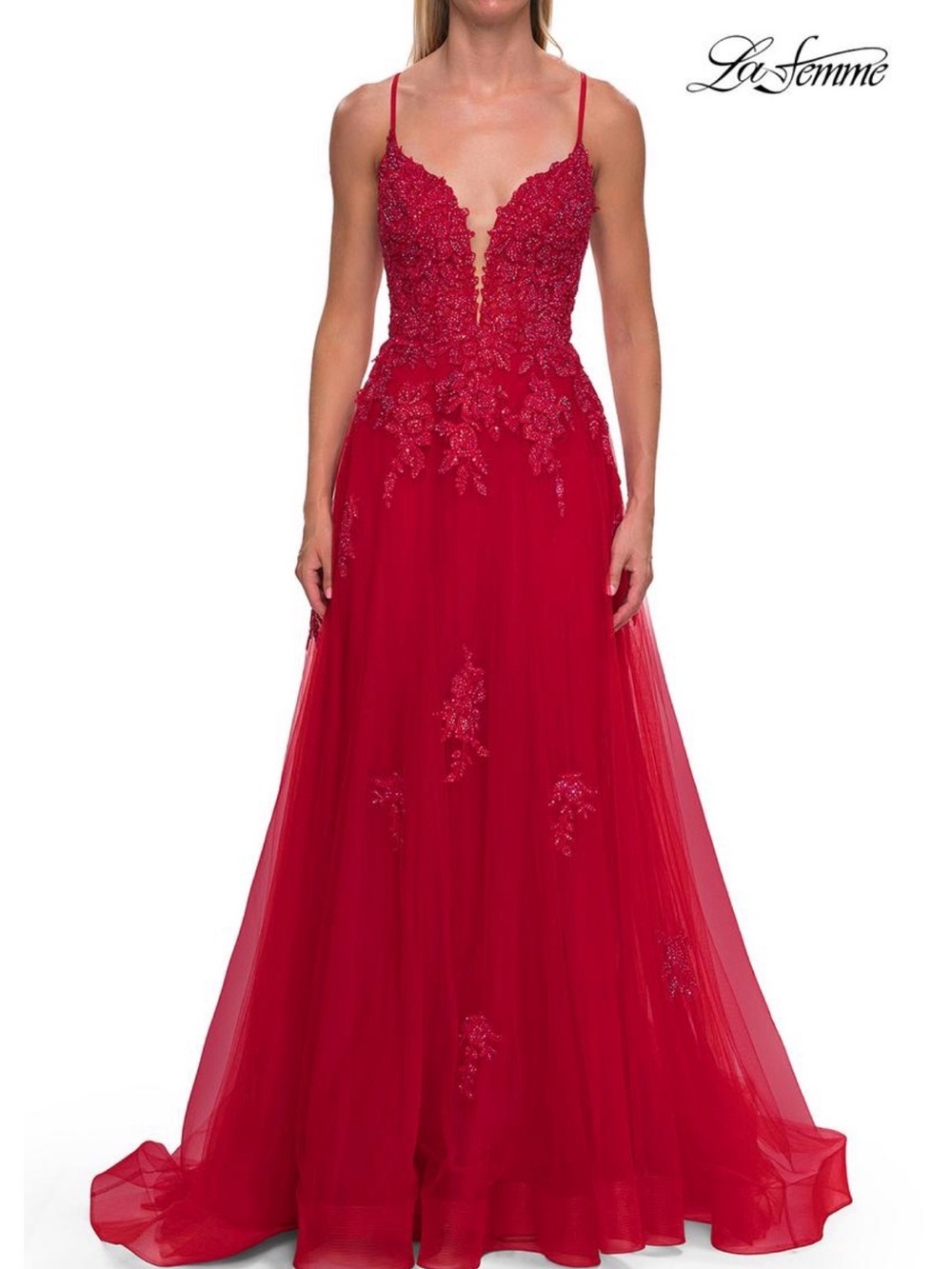 La Femme Red Beaded Floral Appliqué Tulle Gown